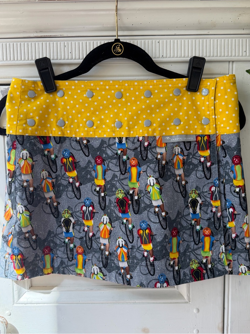 Snappy Skirts  Yellow Polka Dot Waistband & Gray Cyclist-Print Mini Skirt